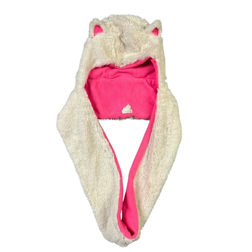 Capelli New York Kids Faux Fur Glitter Animal Ear Hooded Scarf White Pink Fleece